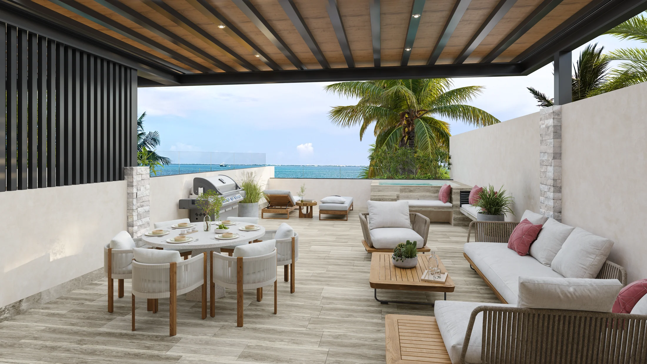 Terraza cubierta con pérgola, sala exterior y comedor hacia el mar